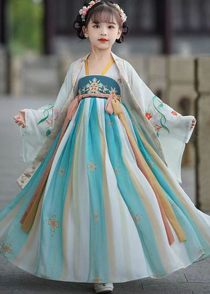 Blue Embroideried Wrinkled Patchwork Chiffon Kids Long Dresses Summer