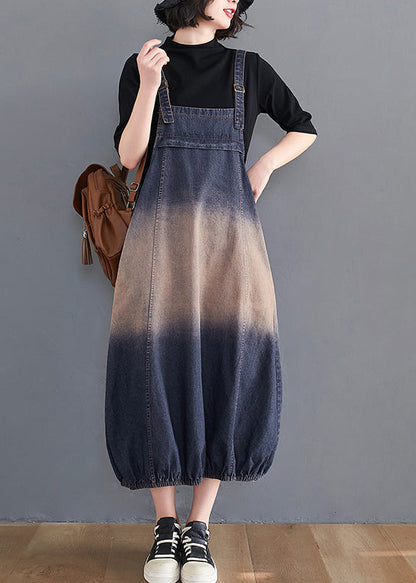 Blue Gradient Color Pockets Spaghetti Strap Denim Dress Summer