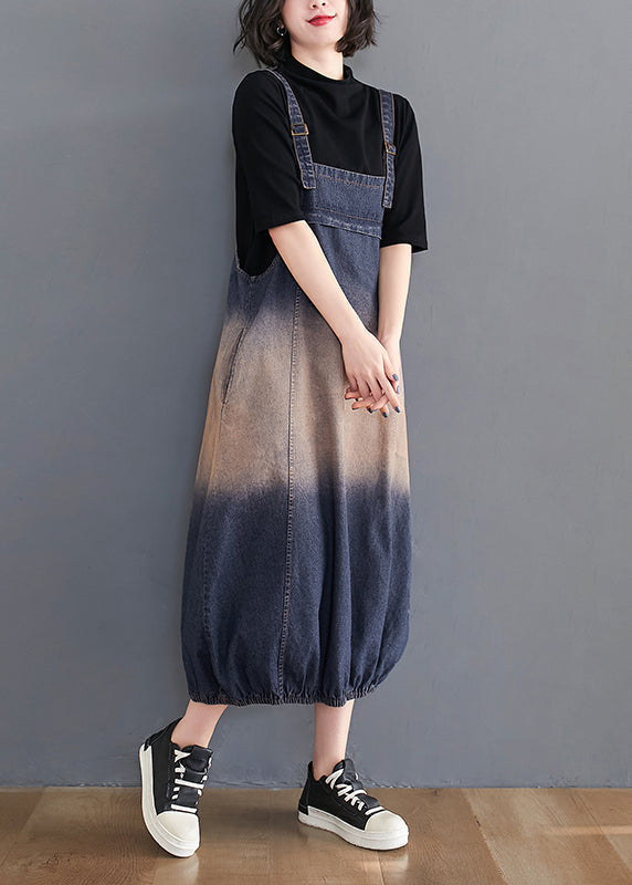 Blue Gradient Color Pockets Spaghetti Strap Denim Dress Summer