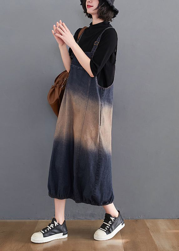 Blue Gradient Color Pockets Spaghetti Strap Denim Dress Summer