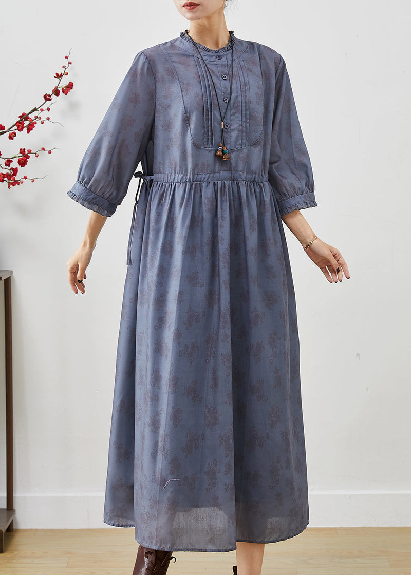Blue Grey Cinched Print Linen Dress Bracelet Sleeve