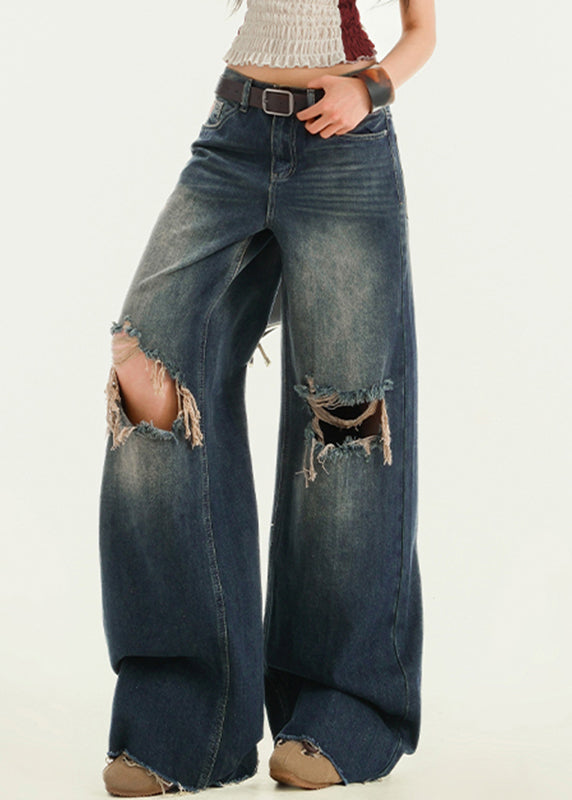 Blue High Waist Wide Leg Ripped Jeans Fall