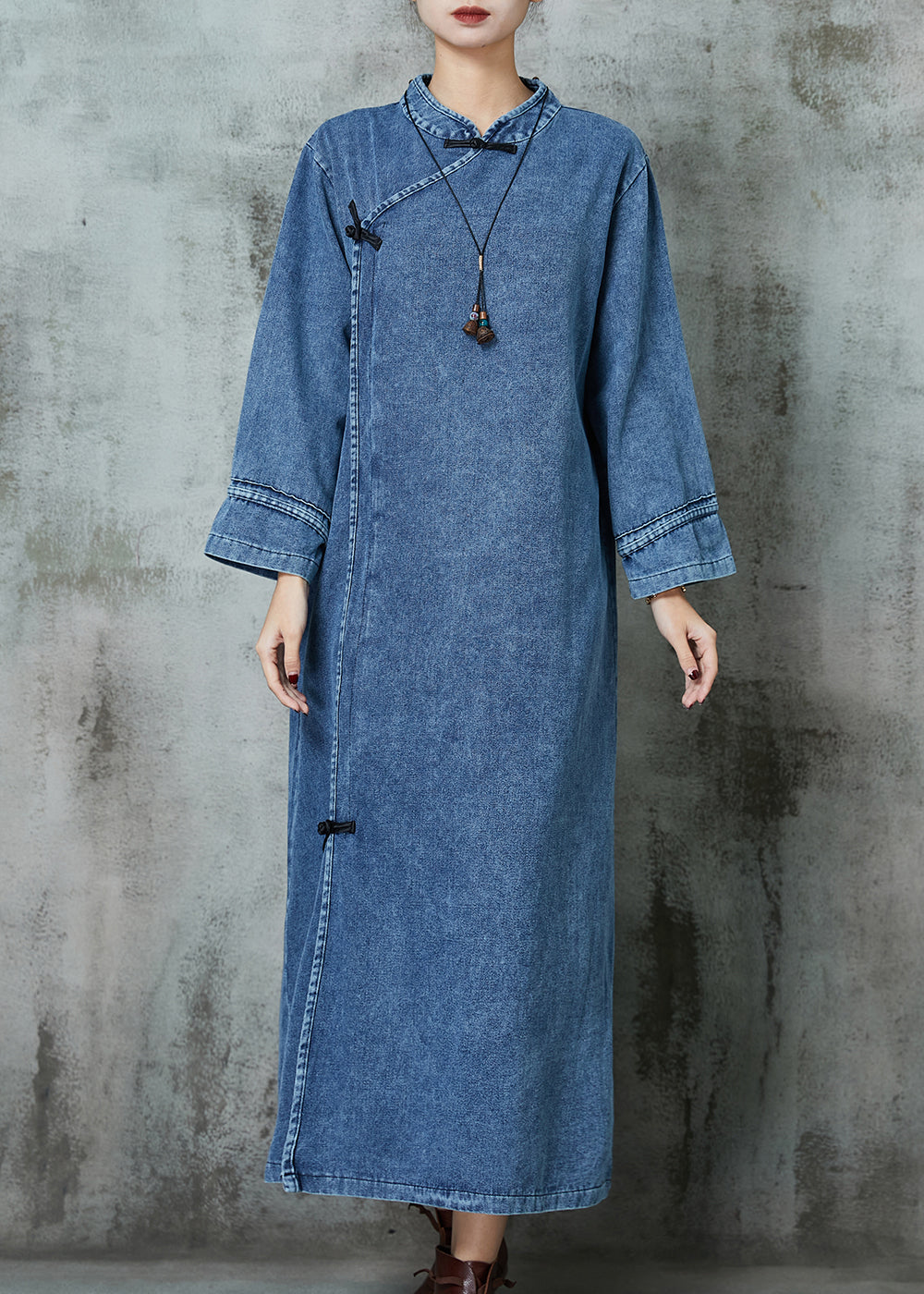 Blue Mandarin Collar Chinese Button Denim Dresses Spring