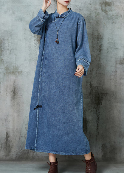 Blue Mandarin Collar Chinese Button Denim Dresses Spring