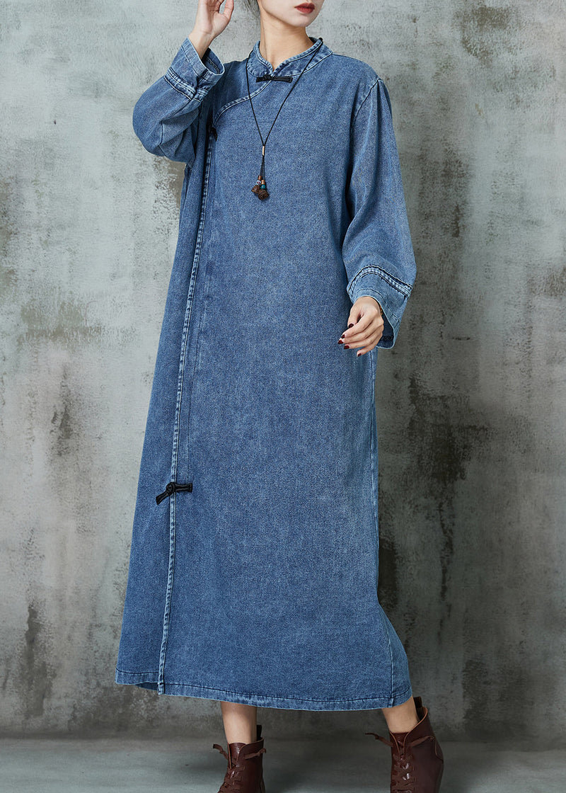 Blue Mandarin Collar Chinese Button Denim Dresses Spring