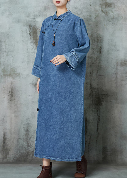 Blue Mandarin Collar Chinese Button Denim Dresses Spring