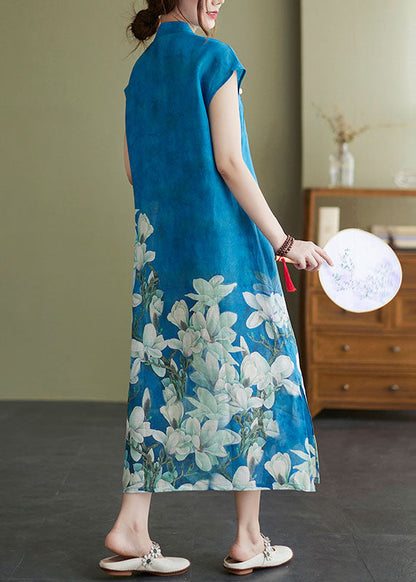 Blue Mandarin Collar Print Side Open Cheongsam Dresses Short Sleeve