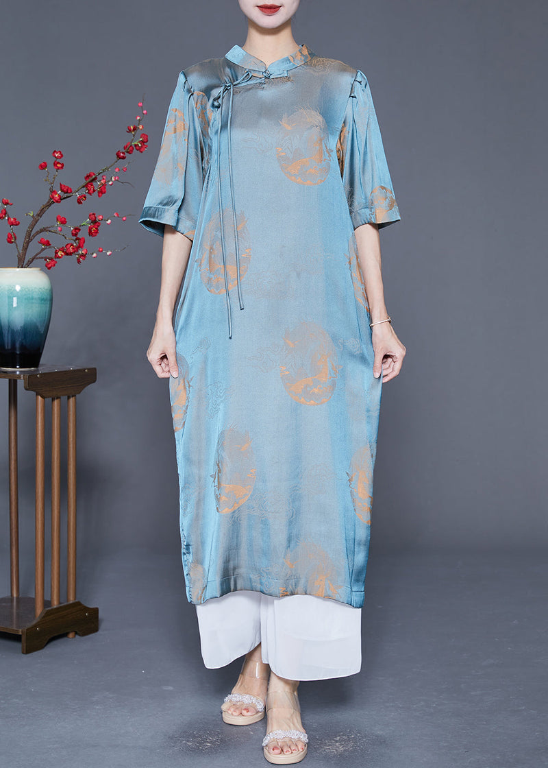 Blue Mandarin Collar Print Silk Long Dresses Summer