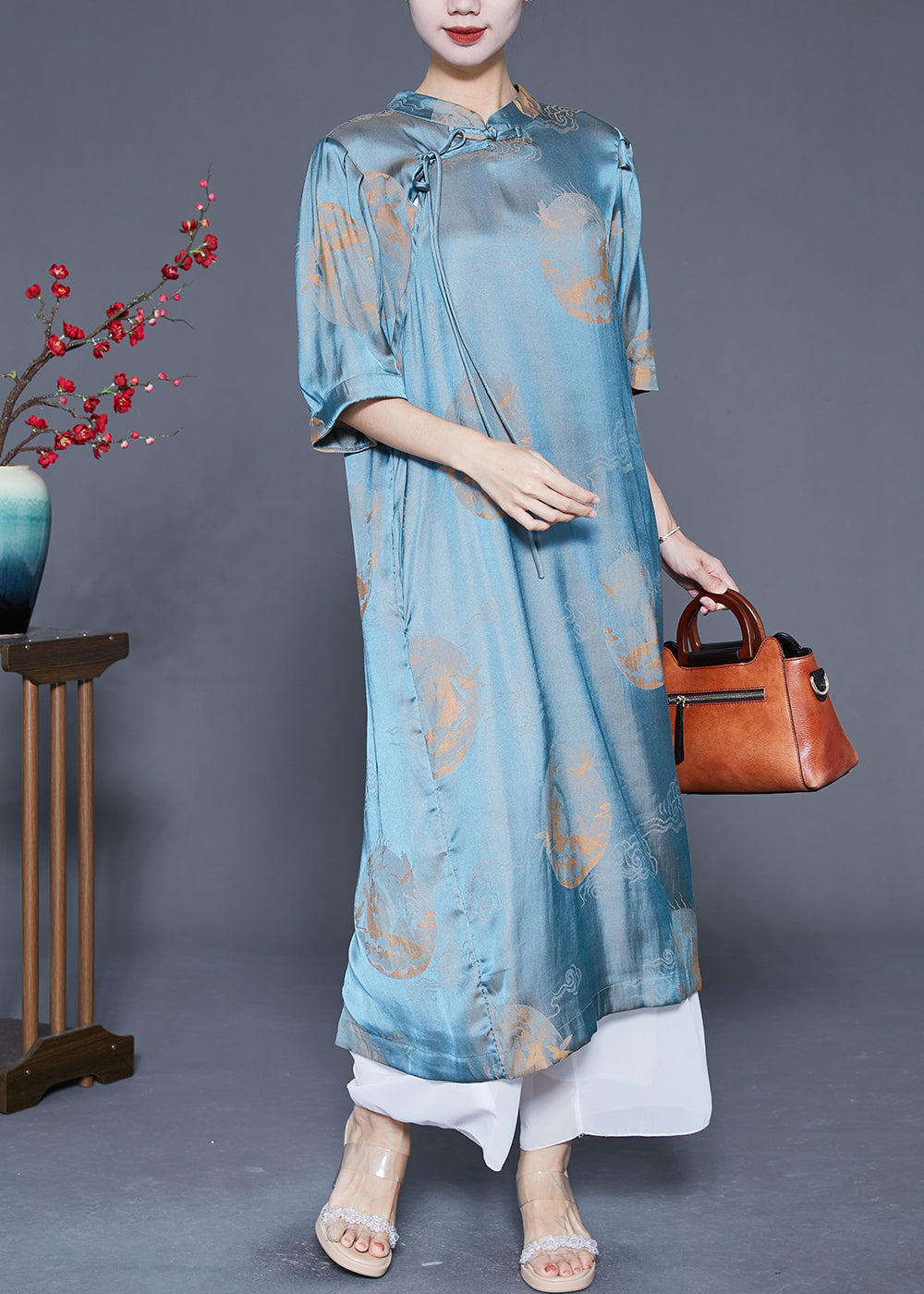 Blue Mandarin Collar Print Silk Long Dresses Summer