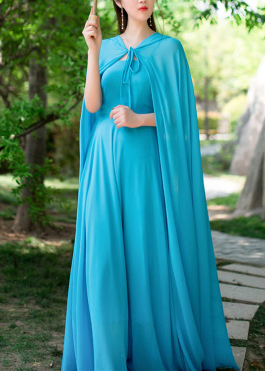 Blue Neck Tie Chiffon Cloak and Slip Dress Two Piece Set Spring