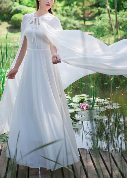 Blue Neck Tie Chiffon Cloak and Slip Dress Two Piece Set Spring