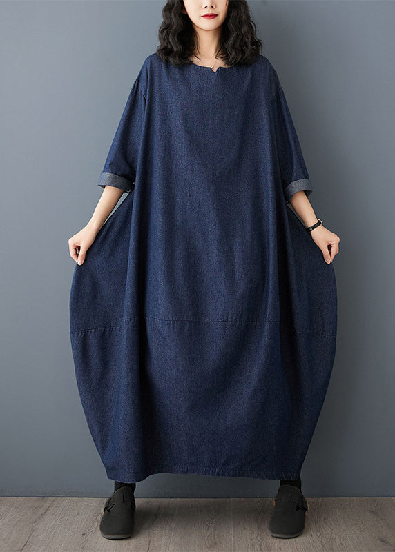 Blue O-neck Denim Maxi Dress Ruffled Sleeve