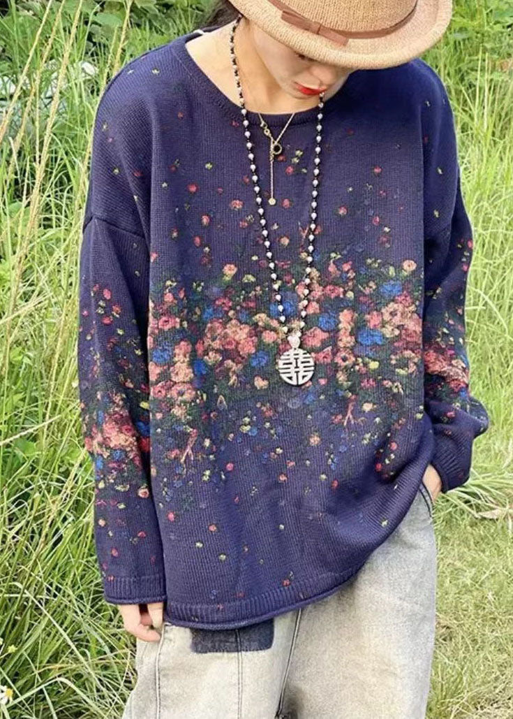 Blue O-neck Oversized Print Thick Knitted Tops Winter