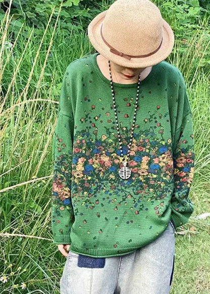 Blue O-neck Oversized Print Thick Knitted Tops Winter