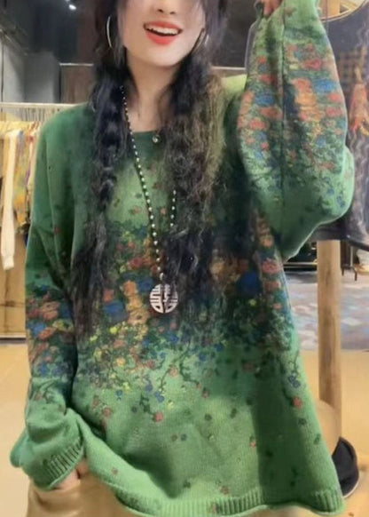Blue O-neck Oversized Print Thick Knitted Tops Winter