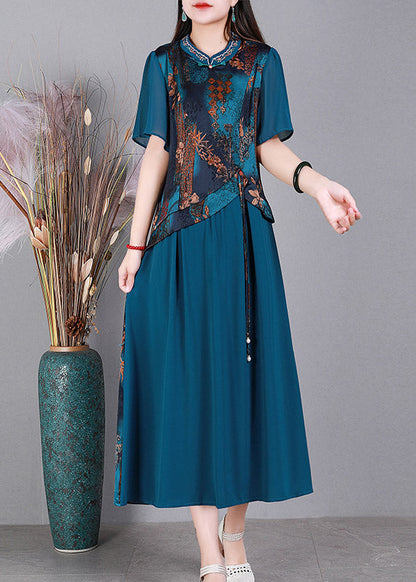 Blue O-neck Print Silk Long Dresses Short Sleeve