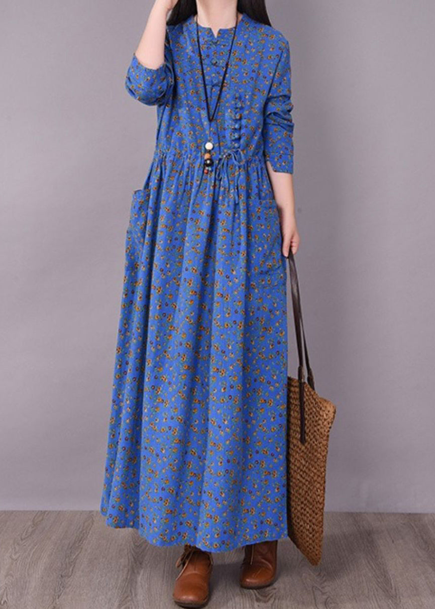 Blue O-neck Wrinkled Print Linen Dress Long Sleeve