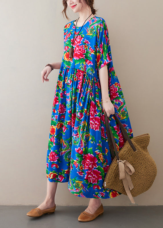 Blue O-neck Wrinkled Print Long Dress Short Sleeve