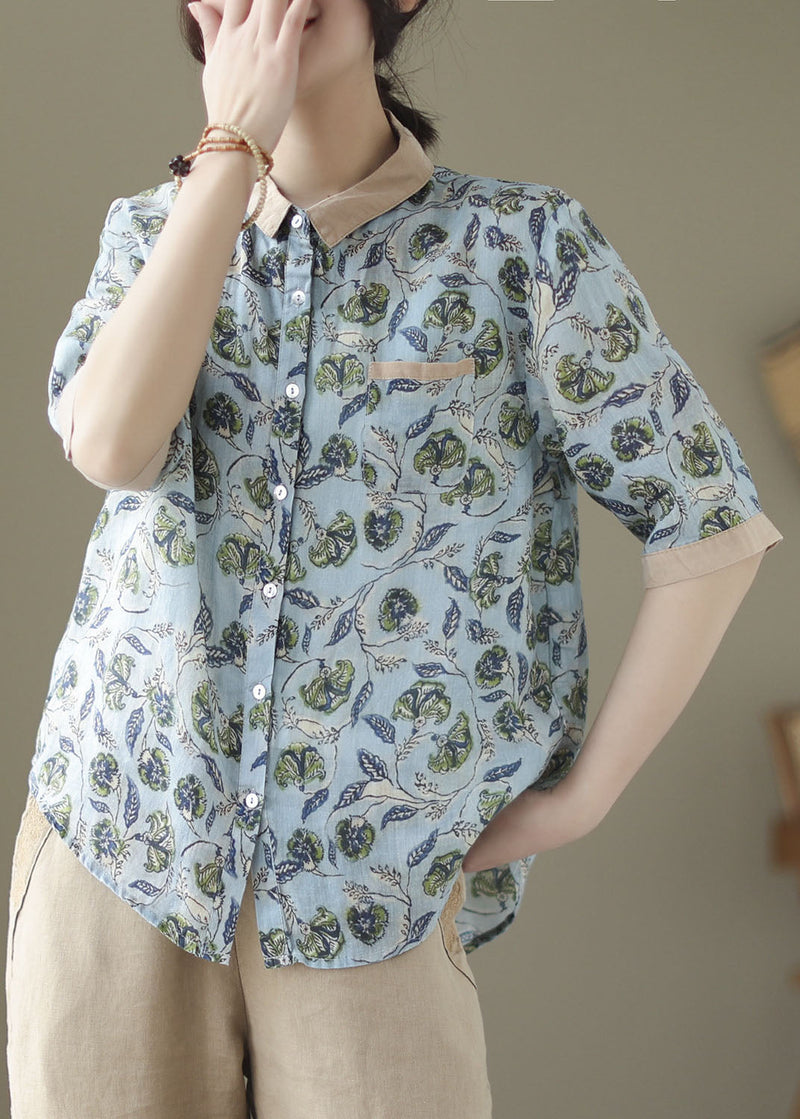 Blue Peter Pan Collar Print Patchwork Linen Shirts Summer
