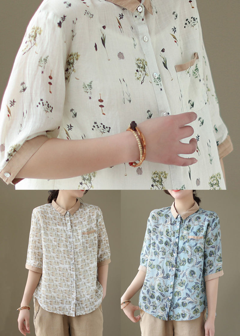Blue Peter Pan Collar Print Patchwork Linen Shirts Summer