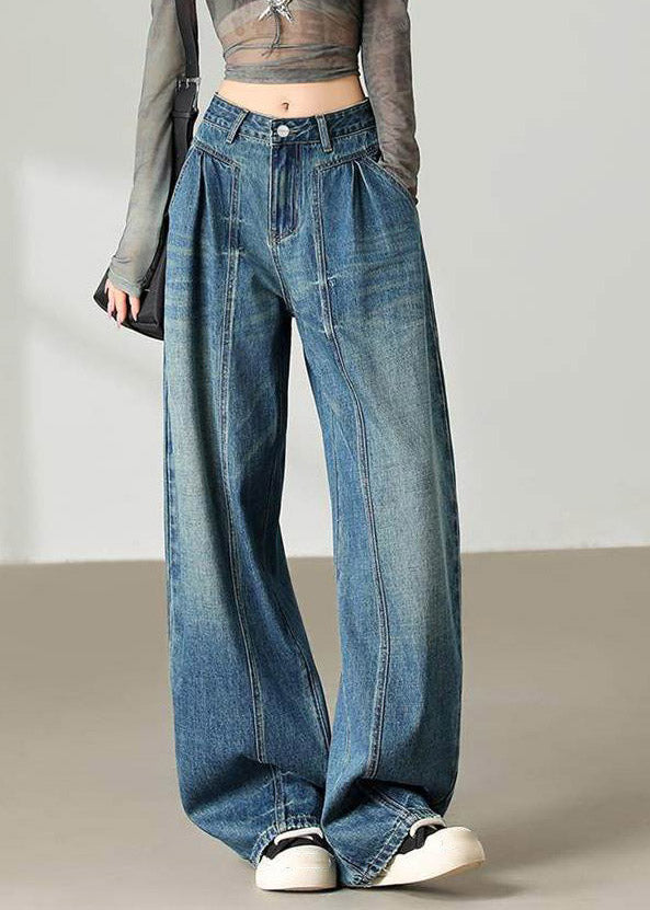 Blue Pockets Patchwork Wide Leg Jeans Spring