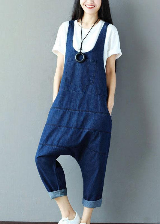 Blue Pockets Wrinkled Harem Fall Cotton Romper