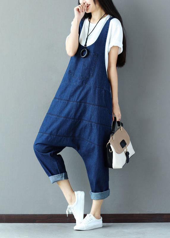 Blue Pockets Wrinkled Harem Fall Cotton Romper