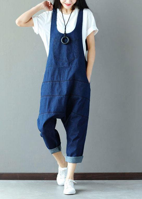 Blue Pockets Wrinkled Harem Fall Cotton Romper