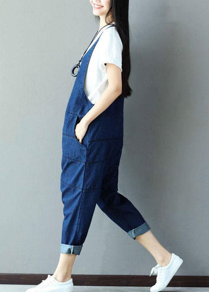 Blue Pockets Wrinkled Harem Fall Cotton Romper