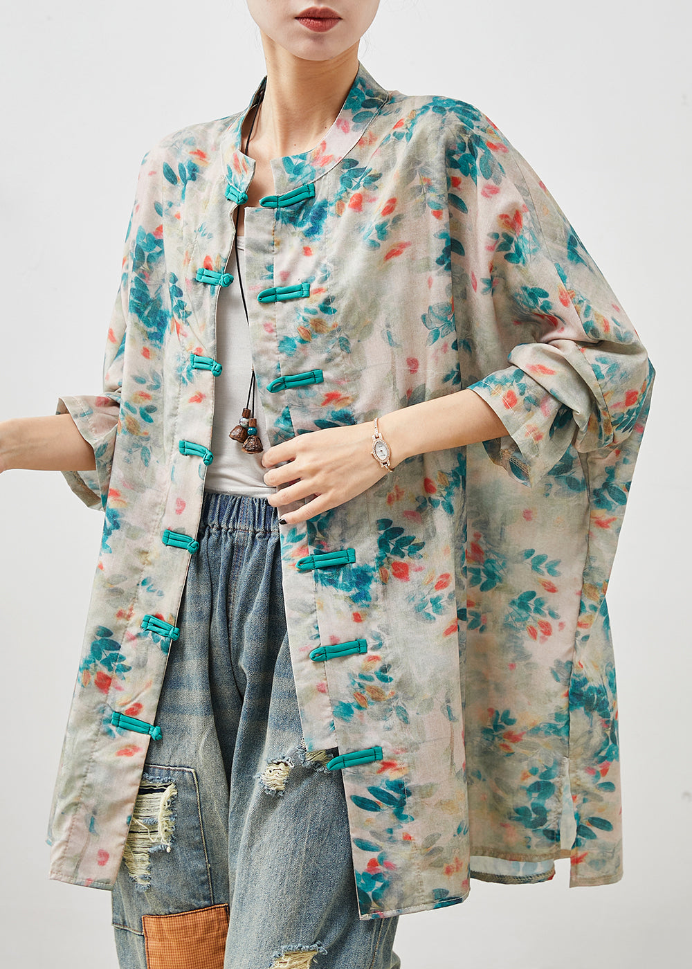 Blue Print Chinese Button Linen Shirt Top Summer