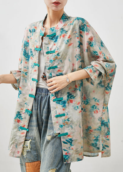 Blue Print Chinese Button Linen Shirt Top Summer