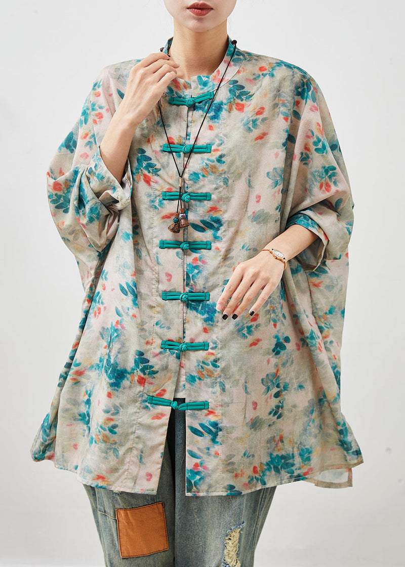 Blue Print Chinese Button Linen Shirt Top Summer