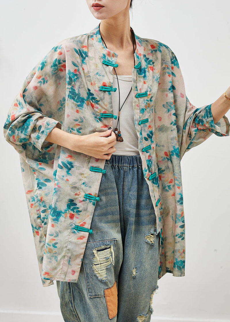 Blue Print Chinese Button Linen Shirt Top Summer