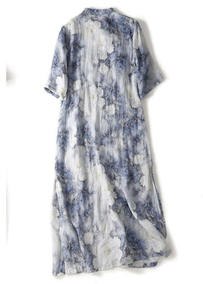 Blue Print Mandarin Collar Cotton Cheongsam Dresses Summer