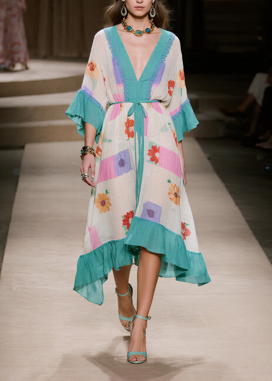 Blue Print Patchwork Ruffles Cotton Dresses Summer