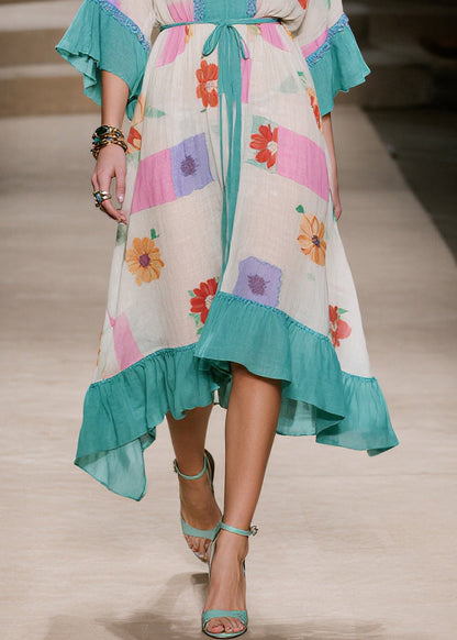 Blue Print Patchwork Ruffles Cotton Dresses Summer