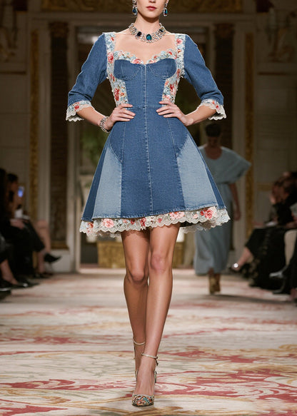 Blue Square Collar Lace Patchwork Denim Mini Dress Summer