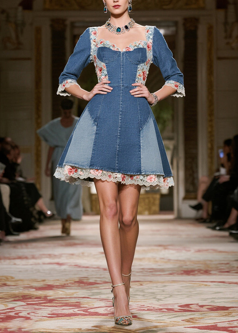 Blue Square Collar Lace Patchwork Denim Mini Dress Summer