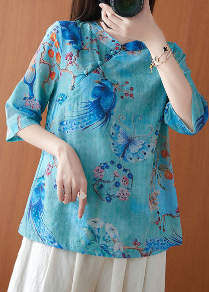 Blue Stand Collar Print Button Tops Spring
