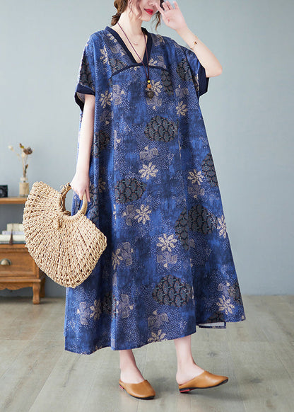 Blue V Neck Patchwork Long Dresses Summer