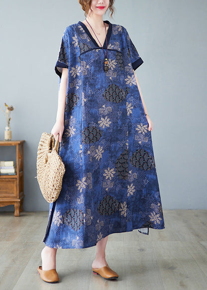 Blue V Neck Patchwork Long Dresses Summer