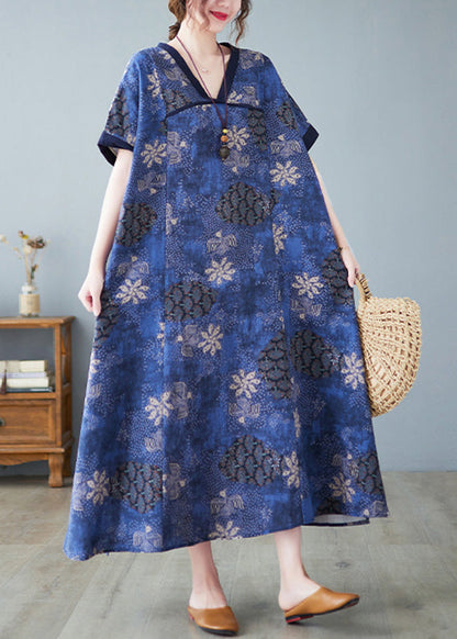 Blue V Neck Patchwork Long Dresses Summer