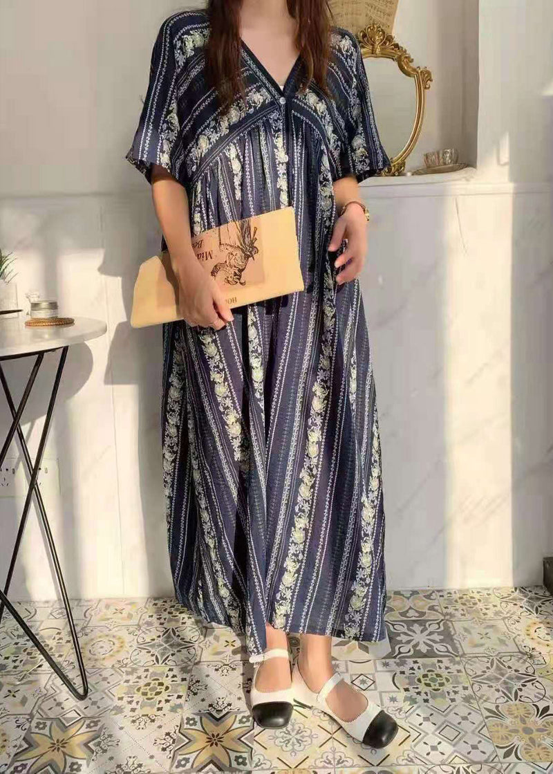 Blue V Neck Print Cotton Long Dresses Short Sleeve