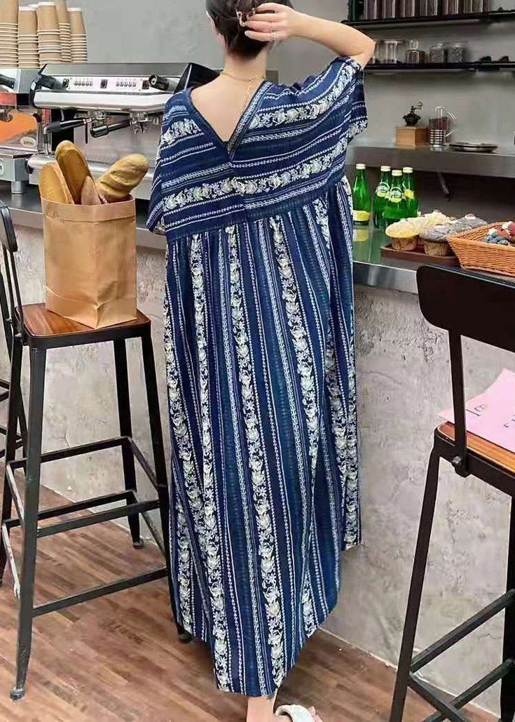 Blue V Neck Print Cotton Long Dresses Short Sleeve