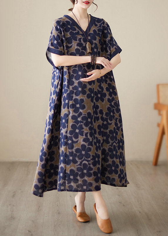 Blue V Neck Print Robe Dresses Short Sleeve