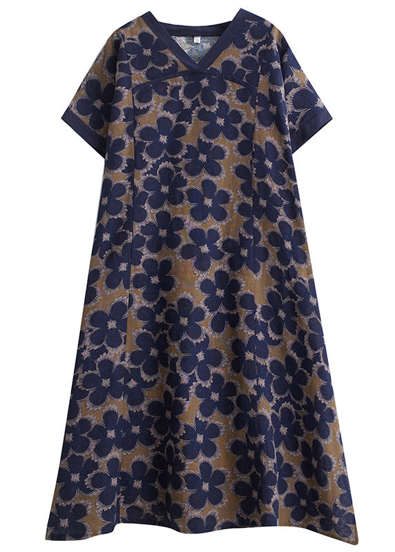 Blue V Neck Print Robe Dresses Short Sleeve