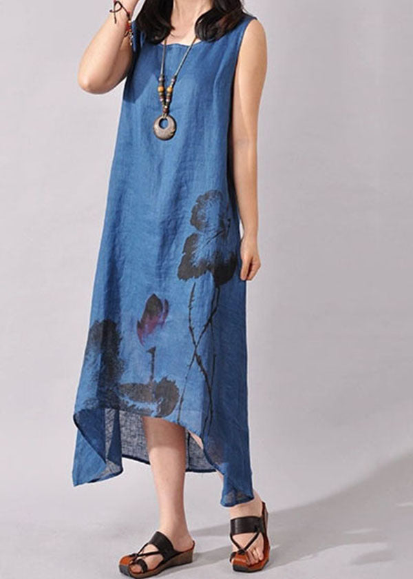 Blue Folk Style Ink Painting Sleeveless Dress Summer