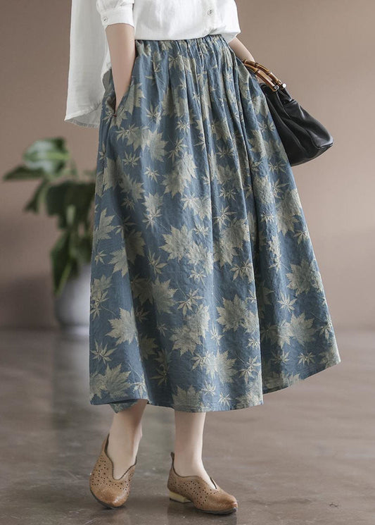 Blue Wrinkled Pockets Print Linen Skirt Spring