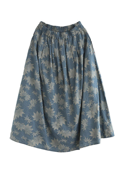 Blue Wrinkled Pockets Print Linen Skirt Spring