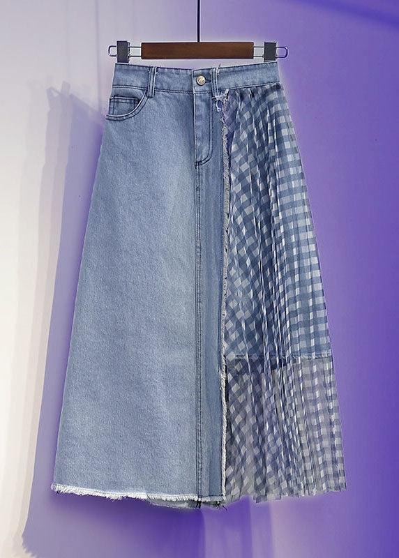 Blue Wrinkled Tulle Patchwork Denim Skirts Spring